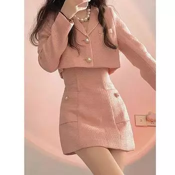 Осенний розовый элегантный комплект из двух предметов, женский корейский стиль, пальто Balzer + мини-платье на бретельках, женский однотонный повседневный тонкий комплект XL розовый