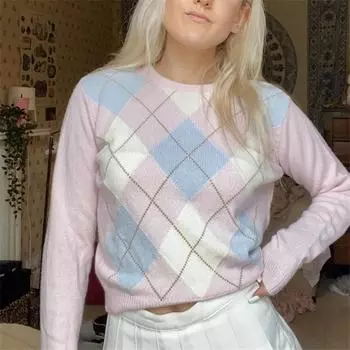 Осенний розовый повседневный свитер женский клетчатый с длинным рукавом модный пуловер трикотаж S розовый