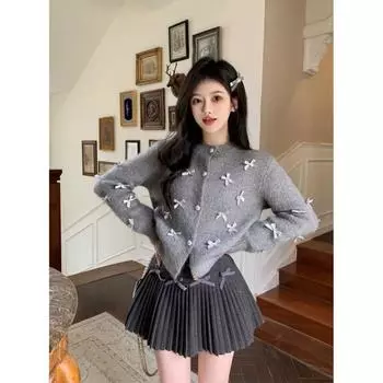 Осенний серый вязаный кардиган свитер с бантами O-образный вырез однобортный элегантный женский пиджак вязаное укороченное пальто XL чёрный