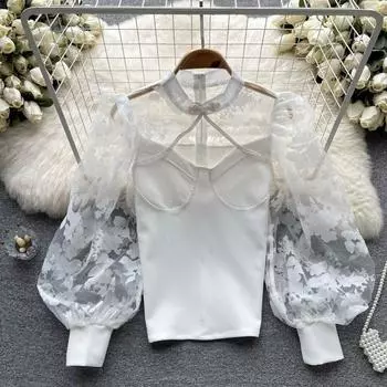 Осенний сексуальный перспективный диск на пуговицах, полый тонкий тонкий фонарь с длинным рукавом, сетчатый топ для женщин