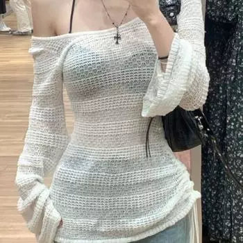 Осенний сексуальный сетчатый свитер с длинным рукавом, женский летний новый французский ажурный тонкий солнцезащитный топ, корейский шикарный трикотажный повседневный пляжный пуловер S белый