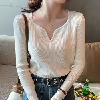 Осенний сексуальный свитер с v-образным вырезом для женщин, зимняя вязаная нижняя рубашка с длинным рукавом, однотонный женский свитер с верхом, джемперы 28828 One Size абрикосовый