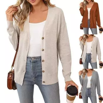 Осенний шерстяной кардиган свитера для женщин модная легкая одежда на пуговицах деловая повседневная одежда L чёрный