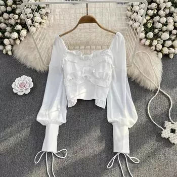 Осенний шикарный французский квадратный вырез с рукавами-фонариками и оборками в западном стиле, небольшой короткий топ