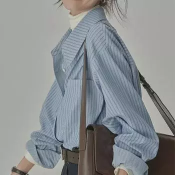 Осенний синий полосатый свободный драпированный топ-рубашка Large синий