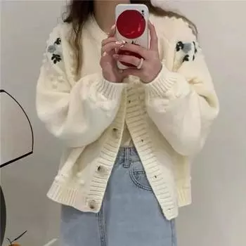 Осенний сладкий кардиган, модная повседневная куртка с длинным рукавом и круглым вырезом, полосатый свитер с вышивкой, пальто, зимние вязаные свободные топы 29492 One Size зелёный