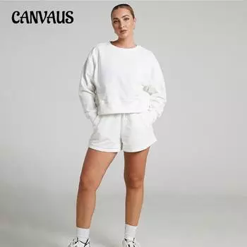 Осенний сплошной цвет толстовки с длинными рукавами больших размеров, женские короткие модные повседневные шорты, костюм S белый