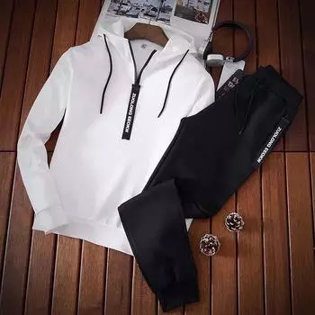 Осенний спортивный костюм, мужской осенне-зимний свитер с капюшоном, наряд на шнурке, спортивная одежда, мужской костюм, пуловер, комплект из двух предметов 2XL чёрный