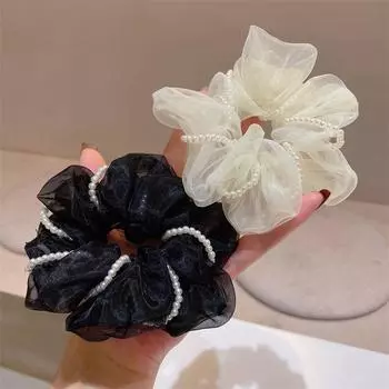 Осенний стиль Милое жемчужное кольцо для волос из органзы - модный аксессуар для волос знаменитостей