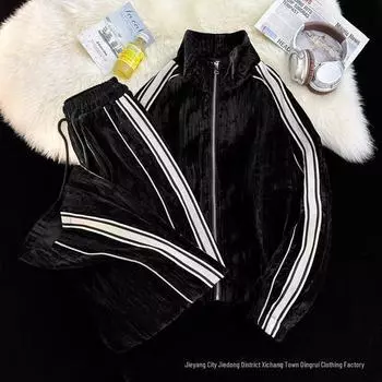 Осенний стильный полосатый свитшот из золотого бархата, спортивный костюм из двух частей для пар для мужчин L чёрный