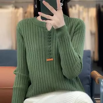 Осенний стиль пуловер круглый вырез обычный свитер для женщин, вязаный свитер M бежевый