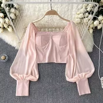 Осенний стиль Pure Desire, тонкий бюстгальтер с короткими рукавами-фонариками и квадратным вырезом, женская рубашка