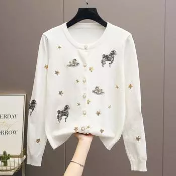 Осенний студенческий свитер с вышивкой звезд и лошадей, вязаный свитер, пальто, куртка, женский однобортный джемпер с длинным рукавом One Size белый