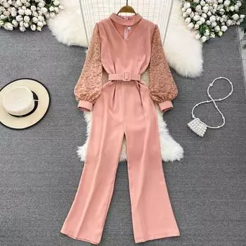 Осенний свет, спелый ветер, ретро темперамент, V-образный вырез, висячий вырез, кружевные лоскутные брюки с высокой талией, тонкие широкие брюки, комбинезон One Size зелёный