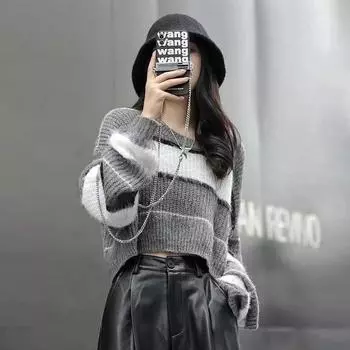 Осенний свитер 2022, новый цвет, контрастная вставка, круглый вырез в полоску, женский свитер с напуском, свободный вязаный короткий свитер для девочек Spice Girl One Size серый