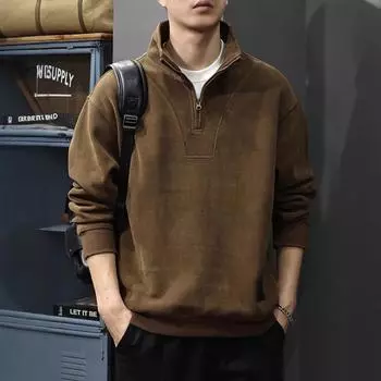 Осенний свитер из плотного вельвета 360 г, мужская рубашка-поло в американском стиле в стиле ретро с длинными рукавами, свободный топ с полумолнией и воротником-стойкой M серый