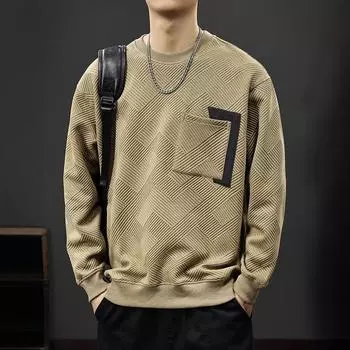 Осенний свитер из жаккарда с тяжелой текстурой, мужская свободная повседневная куртка с круглым вырезом, американский модный бренд, контрастный карманный топ M хаки