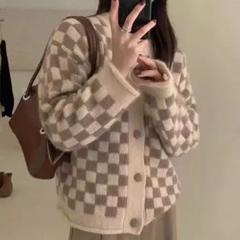 Осенний свитер-кардиган, новинка 2022 года, женский свободный свитер с напуском в виде шахматной доски, вязаный кардиган с круглым вырезом, винтажный свитер, верхнее пальто One Size чёрный