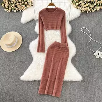 Осенний свитер, комплект из двух частей, пушистый трикотажный топ с длинными рукавами и эластичная резинка на талии, узкая юбка с разрезом, женский теплый трикотажный костюм One Size чёрный