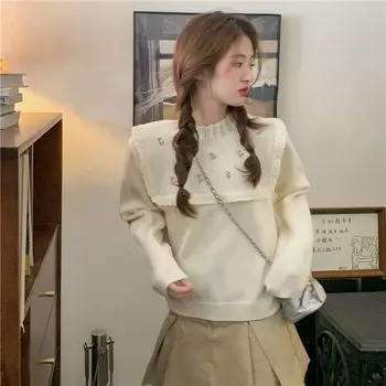 Осенний свитер, пуловер, новинка 2022, свободный корейский сладкий свитер с краями ушек и вышивкой, милый цветочек с воротником-стойкой, свитер с длинными рукавами, женские топы