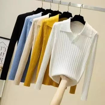 Осенний свитер с длинными рукавами, повседневный зимний свитер с воротником-поло и длинными рукавами, женский вязаный свитер, модные женские топы, женские 28742 One Size абрикосовый