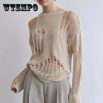 WTEMPO Весна Лето Длинные рукава Ажурные Дышащие Свитера Однотонные Свободные Тонкие Трикотажные Пуловеры Джемперы Топы XL абрикосовый