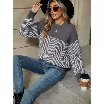 Осенний свитер с длинными рукавами, женский свитер с круглым вырезом, вязаный топ, повседневный свободный полосатый свитер в стиле ленивой моды, женская модель S серый