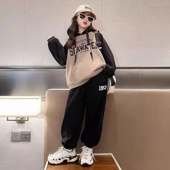 Осенний свитер с капюшоном для девочек, топ и штаны, комплект из 2 предметов, детский наряд с буквами, толстовки с капюшоном для девочек, спортивный костюм 170cm бежевый