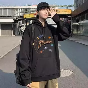 Осенний свитер с капюшоном для мужчин и подростков, модный свободный топ в гонконгском стиле, модная брендовая куртка с принтом S