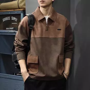 Осенний свитер с контрастными цветными лацканами, мужская толстая свободная трикотажная рубашка-поло с длинными рукавами в американском стиле в стиле ретро M