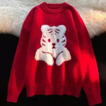 Осенний свитер с круглым вырезом, большие ярды, свободная теплая утолщенная куртка с медведем в стиле ретро для пар S красный