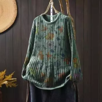 Осенний свитер с круглым вырезом и длинными рукавами, женский ретро-принт, гофрированный, простой, повседневный, свободный, хлопковый свитер One Size кофейный