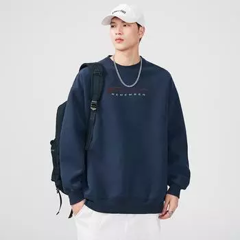 Осенний свитер с круглым вырезом, мужской, с буквенным принтом, свободный, молодежный, повседневный, в японском стиле, с длинными рукавами, в стиле ретро, топ Tide M тёмно-синий