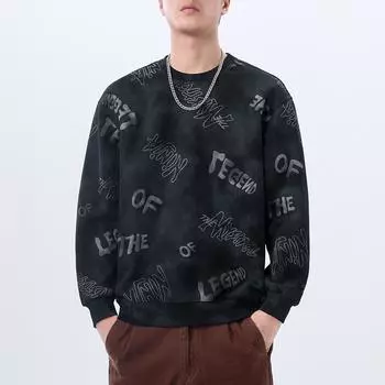 Осенний свитер с круглым вырезом, мужской, свободный, большого размера, черный, молодежный топ с длинным рукавом, мужская мода M серый