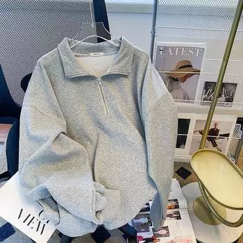 Осенний свитер с полумолнией в стиле Bf, большой размер, свободная толстовка американского цвета с капюшоном, женская, средней длины, большая версия, топ M серый