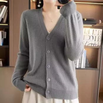 Осенний свитер с v-образным вырезом, кардиган, свободный свитер, вязаный кардиган, женский однотонный короткий абзац, верхняя одежда M бежевый