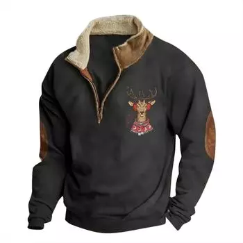 Осенний свитер с высоким воротом и застежкой-молнией на половину длины, мужской флисовый теплый свитер с 3D-принтом лося, зимняя толстовка, высокое качество, свободный воротник-стойка, повседневные толстовки с капюшоном S хаки