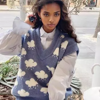 Осенний свитер, вязаный свитер с V-образным вырезом и принтом в виде облака, свободный жилет без рукавов, свитера, зимняя одежда, женский свитер, жилет 15990 OneSize синий