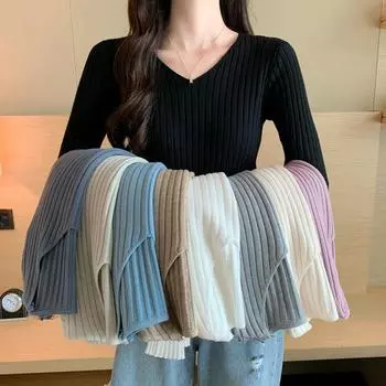 Осенний свитер, женская зимняя одежда, облегающий крой, длинный рукав, V-образный вырез, пуловеры, вязаные свитера, женские однотонные, элегантные, повседневные, модные, базовые, женские джемперы 25516 One Size белый