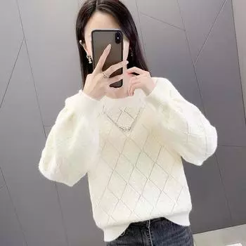 Осенний свитер, женский пуловер с круглым вырезом, новый свободный осенне-зимний трикотаж, однотонный свитер с длинными рукавами, пуловер, женский топ One Size розовый