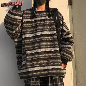 Осенний свитер женский винтажный полосатый свитер оверсайз с длинными рукавами вязаные топы уличная одежда в стиле хип-хоп пуловер женский