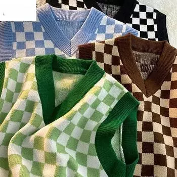 Осенний свитер Жилеты женские Стиль преппи Вставками Клетчатый Студенты V-образный вырез Мода Молодые школьницы Универсальная верхняя одежда Новый трикотаж S синий
