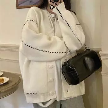 Осенний свободный кардиган с v-образным вырезом, свитера, куртка, женская зимняя мода 2023, вязаный свитер, пальто, женские корейские теплые кардиганы 29200 One Size чёрный