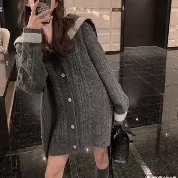 Осенний свободный кардиган в стиле ретро в стиле «ленивый ветер», женский свитер в студенческом стиле, средней длины, темно-синий воротник, вязаный кардиган с длинными рукавами, женская куртка