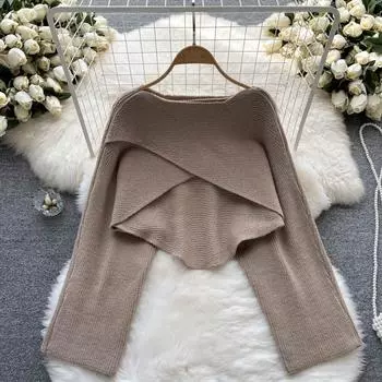 Осенний свободный короткий дизайн с ленивым ветром, небольшой вязаный женский свитер нерегулярной формы с круглым вырезом