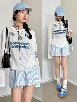 Осенний свободный ленивый стиль элегантный трикотажный топ женский ажурный с буквенным принтом длинный рукав футболка солнцезащитный крем повседневная белая блузка зима S белый