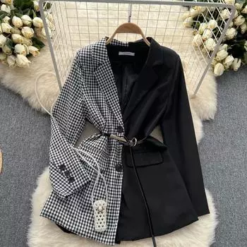 Осенний свободный пиджак в клетку «Великолепная птица» с длинными рукавами и длинными рукавами, дизайн Sense Niche с лацканами