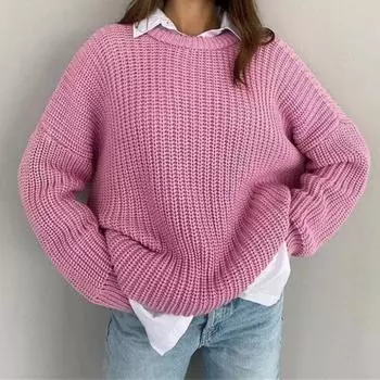 Осенний свободный повседневный вязаный свитер для женщин, модный новый длинный рукав, круглый вырез, зимние свитера для женщин, элегантные однотонные теплые вязаные джемперы 25722 One Size синий