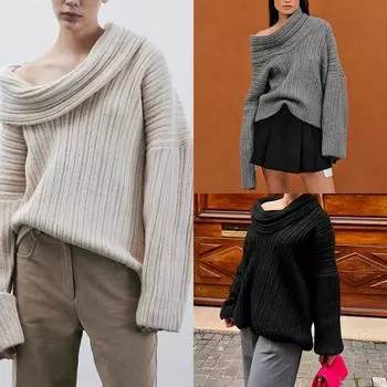 Осенний свободный свитер для женщин, сексуальный трикотажный пуловер с разрезом по горловине, женский свитер с длинным рукавом, свободный покрой, повседневный трикотаж 2024 One Size серый