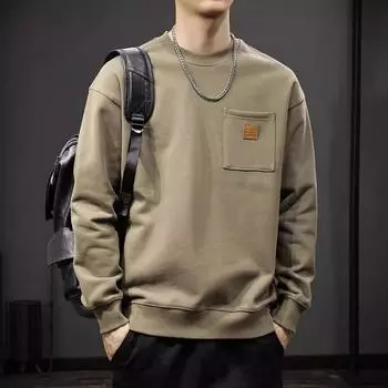 Осенний свободный свитер мужской американский ретро-дизайн Sense Pocket 460G плотная футболка с длинным рукавом S хаки